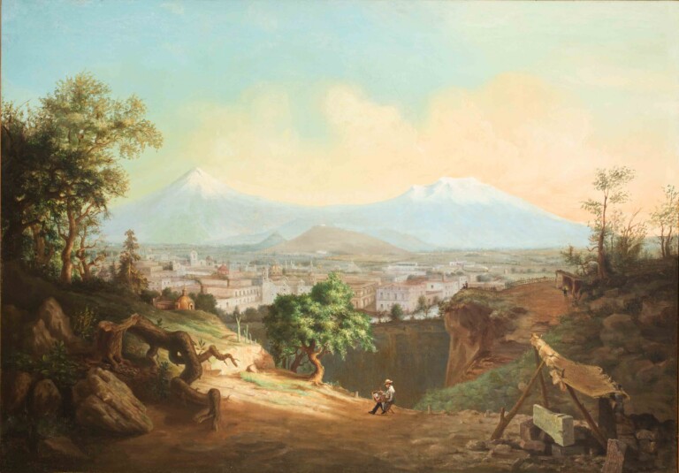 Paísaje. Popocatépetl. Iztaccíhuatl. Nieve. Naturaleza. Ciudad. Iglesia. Edificios. Siglo XX.